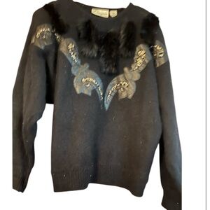 Vintage 1980s Donagain Sz Small Silk Angora Wool Blend Rabbit Fur Trim Pullover